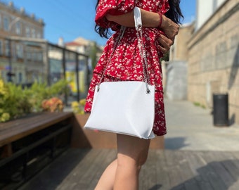 Women white handbag, bridesmaid bag, leather crossbody bag