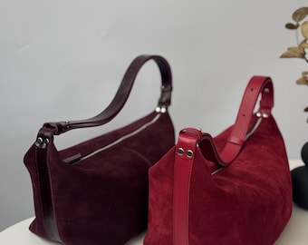 Suede and Leather  Bag – Handmade Soft Suede Purse, Burgundy or Red | Minimalist Everyday Bag | Gift for Her