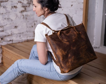 Leather convertible tote bag for women, leather convertible backpack, messenger bag woman, everyday, laptop handmade bags with divider