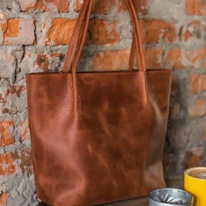 Cognac leather tote bag, leather tote, leather handbag, laptop bag women, brown shoulder bag, vintage leather tote, bag with laptop insert image 1