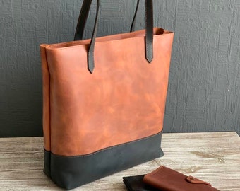 Black and brown leather tote bag, laptop bag women, brown and black leather tote, leather laptop bag, brown handbag, tote bag with insert