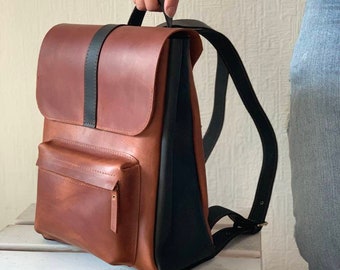 Black and brown backpack, camera backpack, leather backpack women, black backpack, leather rucksack, laptop backpack