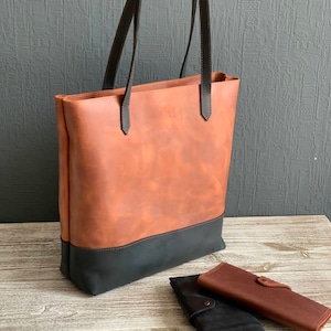Two-Tone Leather Tote Bag: Handmade Brown & Black Laptop Bag