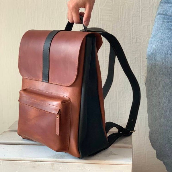 Black and brown backpack, camera backpack, leather backpack women, black backpack, leather rucksack, laptop backpack