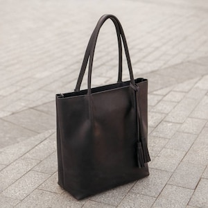 Black Leather Tote Bag with Laptop Divider by OKRA
