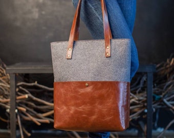 HANDMADE LEATHER BAG, woman tote handbag, genuine brown leather and felt combination, everyday women's tote bags