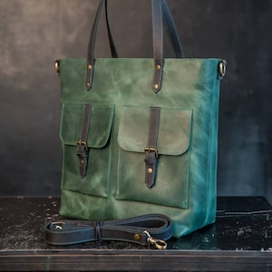 Green tote bag, laptop tote bag women, leather tote bag, green camera bag,  laptop bag women,  tote bag leather, leather handbag