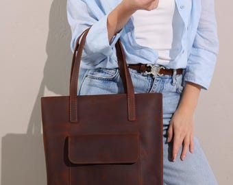Leather Tote Bag with Front Pocket – Handmade Leather Shopper, Everyday Work Bag