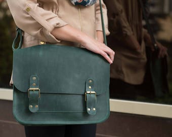 Green Crossbody Bag by Okra, Green Messenger bag, Camera bag, Green leather laptop bag,  Messenger bag women Green school bag student bag