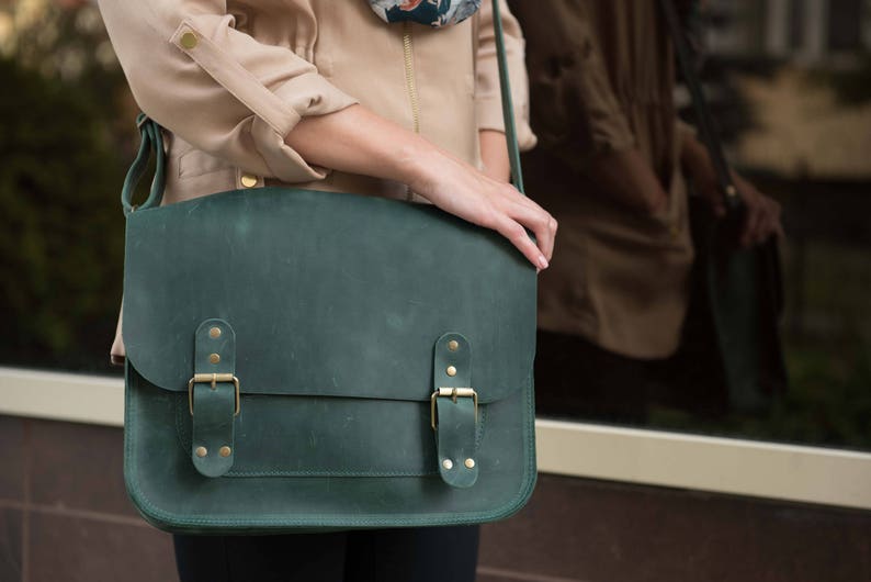 Green Crossbody Bag by Okra, Green Messenger bag, Camera bag, Green leather laptop bag, Messenger bag women Green school bag student bag Green