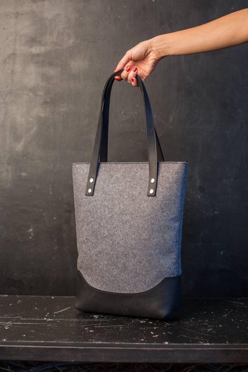 Black Leather Tote Felt and Leather Tote Bag Leather - Etsy