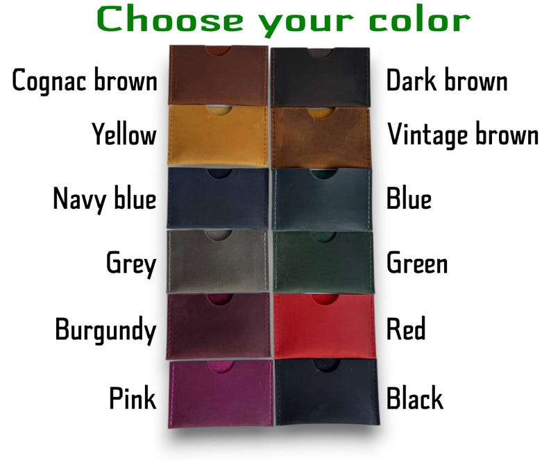 May include: A collection of twelve rectangular leather card holders arranged in two columns. The text "Choose your color" appears at the top, with labels for Cognac brown, Yellow, Navy blue, Grey, Burgundy, Pink, Dark brown, Vintage brown, Blue, Green, Red, and Black.