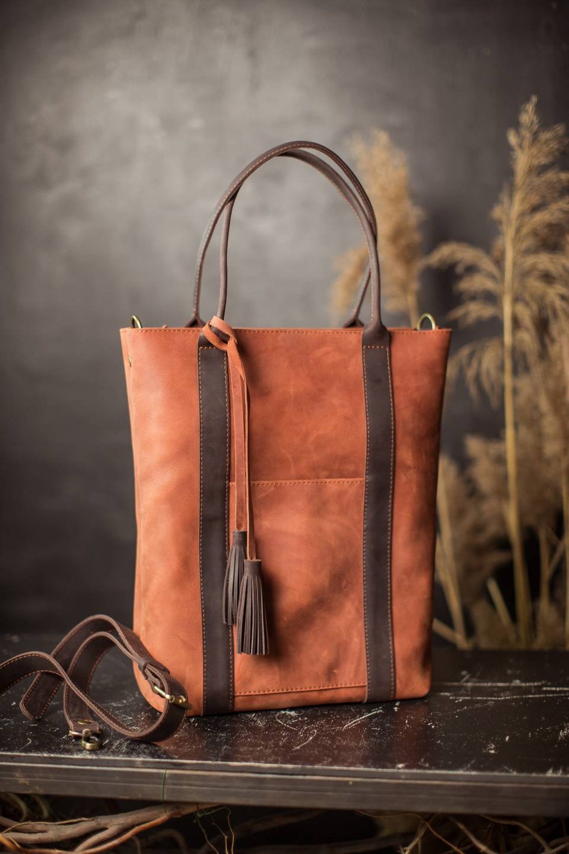 Sac fourretout en cuir brun foncé et chameau femmes sac Etsy France