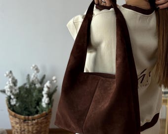 Boho Suede Tote Bag: Dark Brown Linen-Lined Hobo Bag