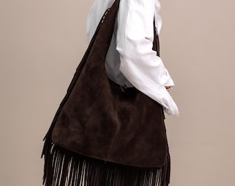 Bolso de hombro con flecos de ante marrón: bolso bohemio de cuero hecho a mano, bolso grande tipo hobo para uso diario.