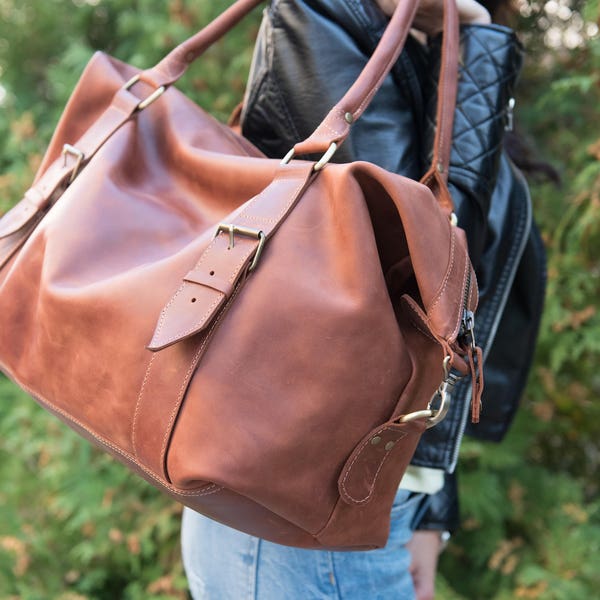 Leather weekend bag Brown overnigt bag Leather travel bag Men's leather duffels Leather gym bag  Vintage weekend bag Big bag Gift for him