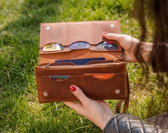 Cartera larga plegable, cartera de piel para mujer, cartera de mano, cartera larga tipo sobre, cartera de piel para hombre