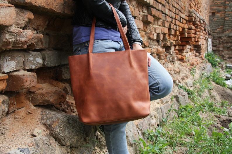 Cognac leather tote bag, leather tote, leather handbag, laptop bag women, brown shoulder bag, vintage leather tote, bag with laptop insert image 3