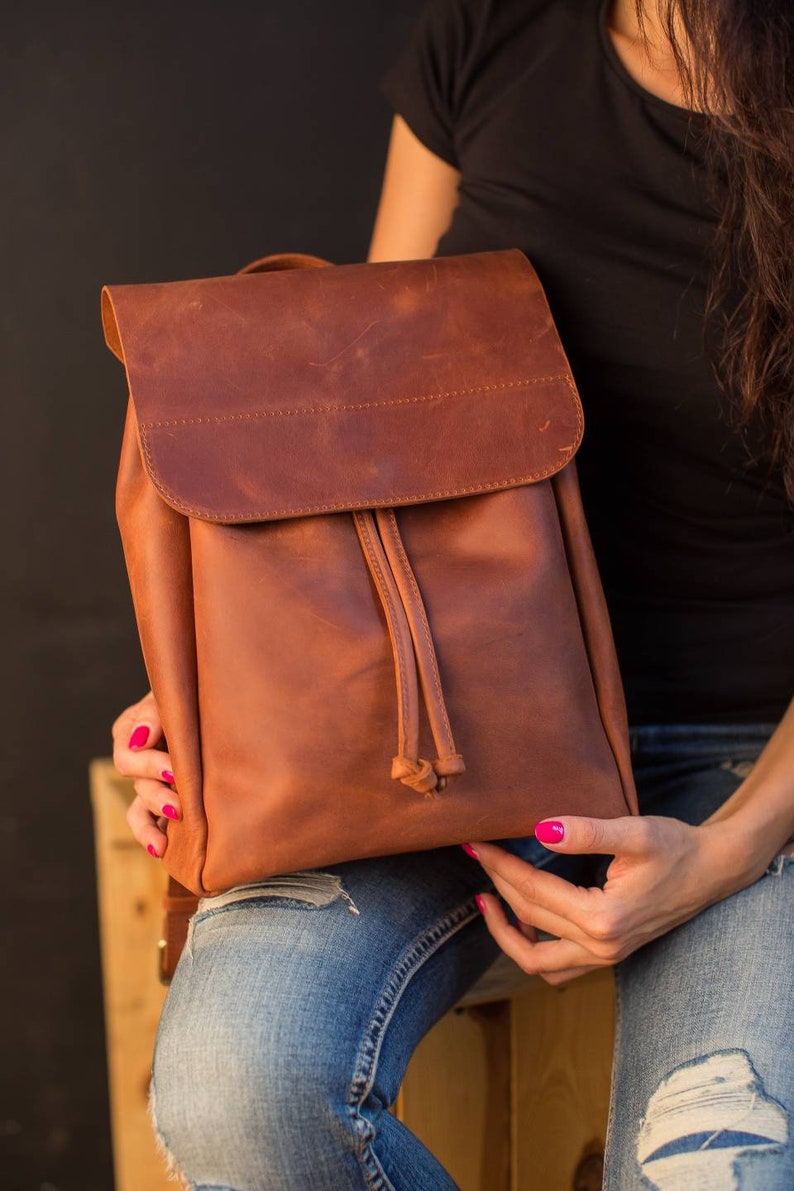 Leather Backpack, Leather Backpack Women, Purple Backpack, Camera backpack women, Leather backpack by OKRA, laptop backpack, leder rucksack Cognac brown