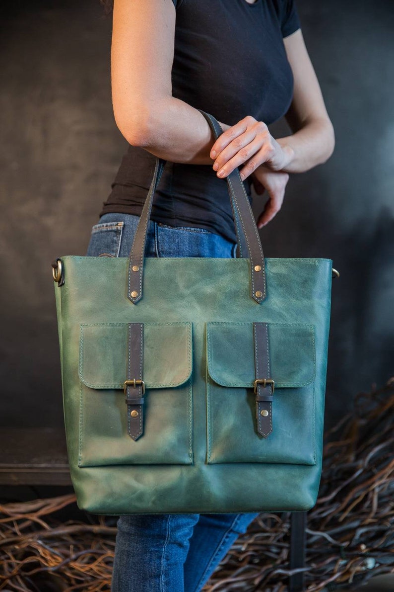 Green Tote Bag Laptop Tote Bag Women Leather Tote Bag Green Etsy