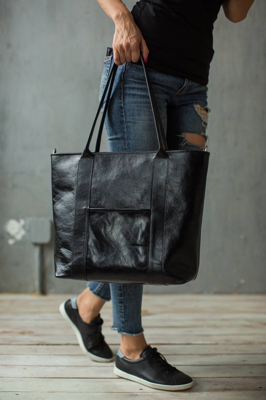 Leather Tote Bag Black Leather Tote Laptop Leather Bag - Etsy