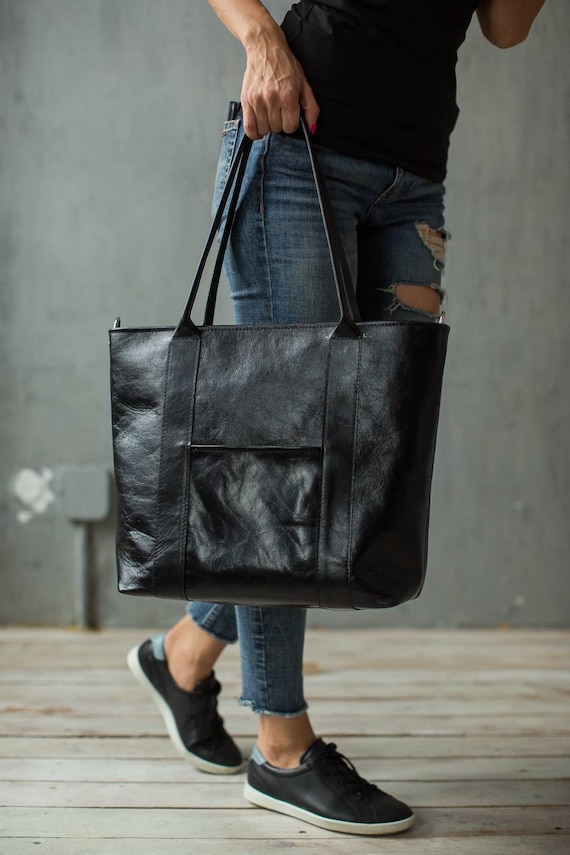 Extra Large Leather Tote, Laptop Bag Black, Leather Laptop Tote