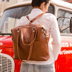 Convertible backpack purse by Okra, black transformer bag, convertible leather tote, camera backpack, laptop bag women, leather handbag Brown