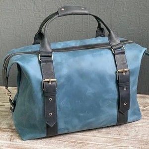 Blue leather duffel bag, blue travel bag, leather weekender, leather weekend bag men, duffel bag men, blue leather weekender