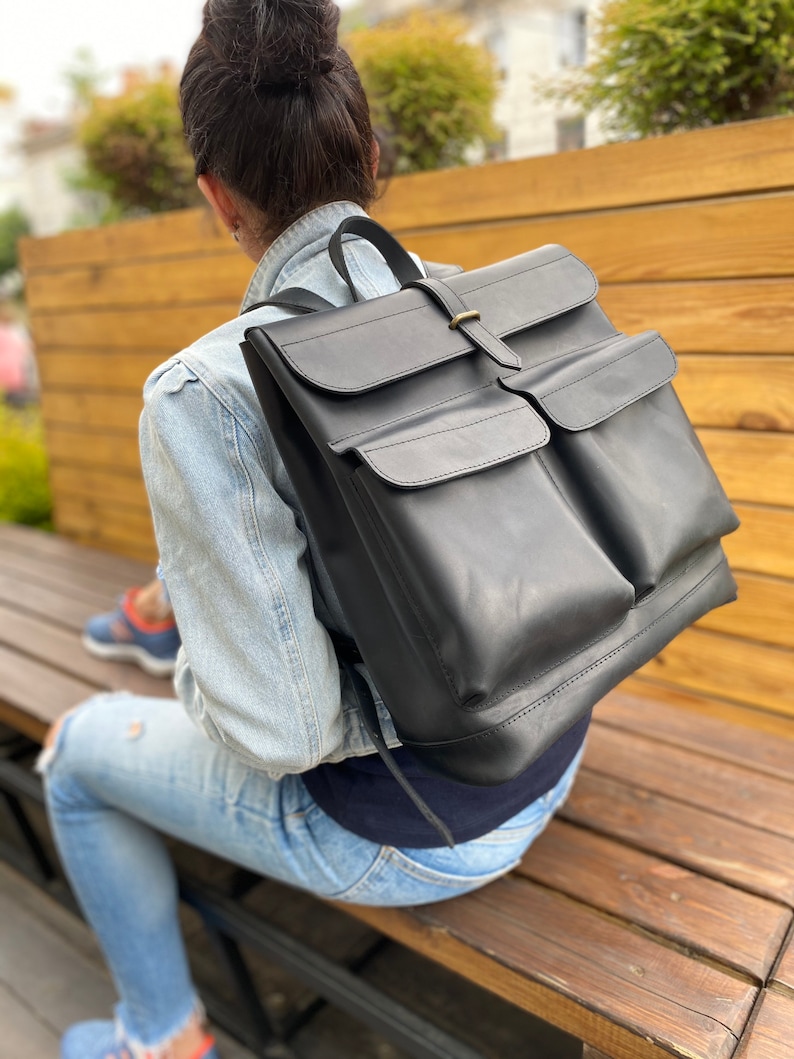 Black leather backpack Camera backpack Leather backpack women Backpack women Black backpack Leather backpack men laptop backpack Big pack image 2