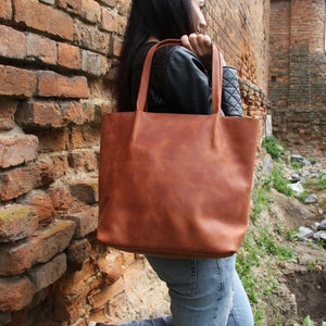 Cognac leather tote bag, leather tote, leather handbag, laptop bag women, brown shoulder bag, vintage leather tote, bag with laptop insert image 5