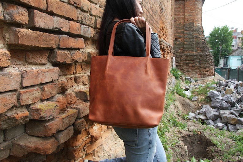 Cognac leather tote bag, leather tote, leather handbag, laptop bag women, brown shoulder bag, vintage leather tote, bag with laptop insert image 5