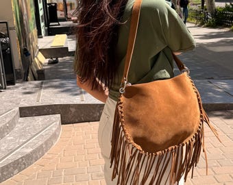 Boho Fringe Leather Bag for Women, Small Western Purse, Handmade Leather Hobo Bag, Festival Crossbody, Bohemian Shoulder Bag, Suede Style To