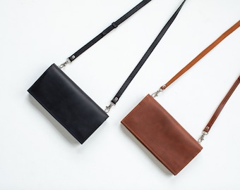 Cartera de cuero tipo bandolera para mujer, carteras plegables para mujer, cartera para viaje, cartera para teléfono, cartera de cuero hecha a mano con correa