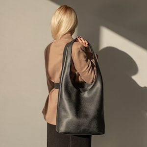 Boho leather hippie bag bohemian black tote for women, handmade shoulder hobo bag with zipper and pockets image 3
