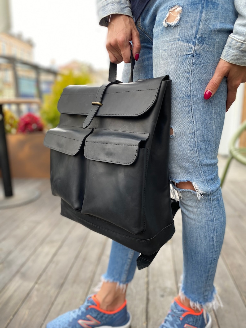 Black leather backpack Camera backpack Leather backpack women Backpack women Black backpack Leather backpack men laptop backpack Big pack image 7