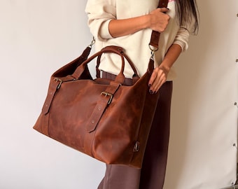 Leather Weekender Bag – Vintage Leather Travel Duffel, Handmade Overnight Bag