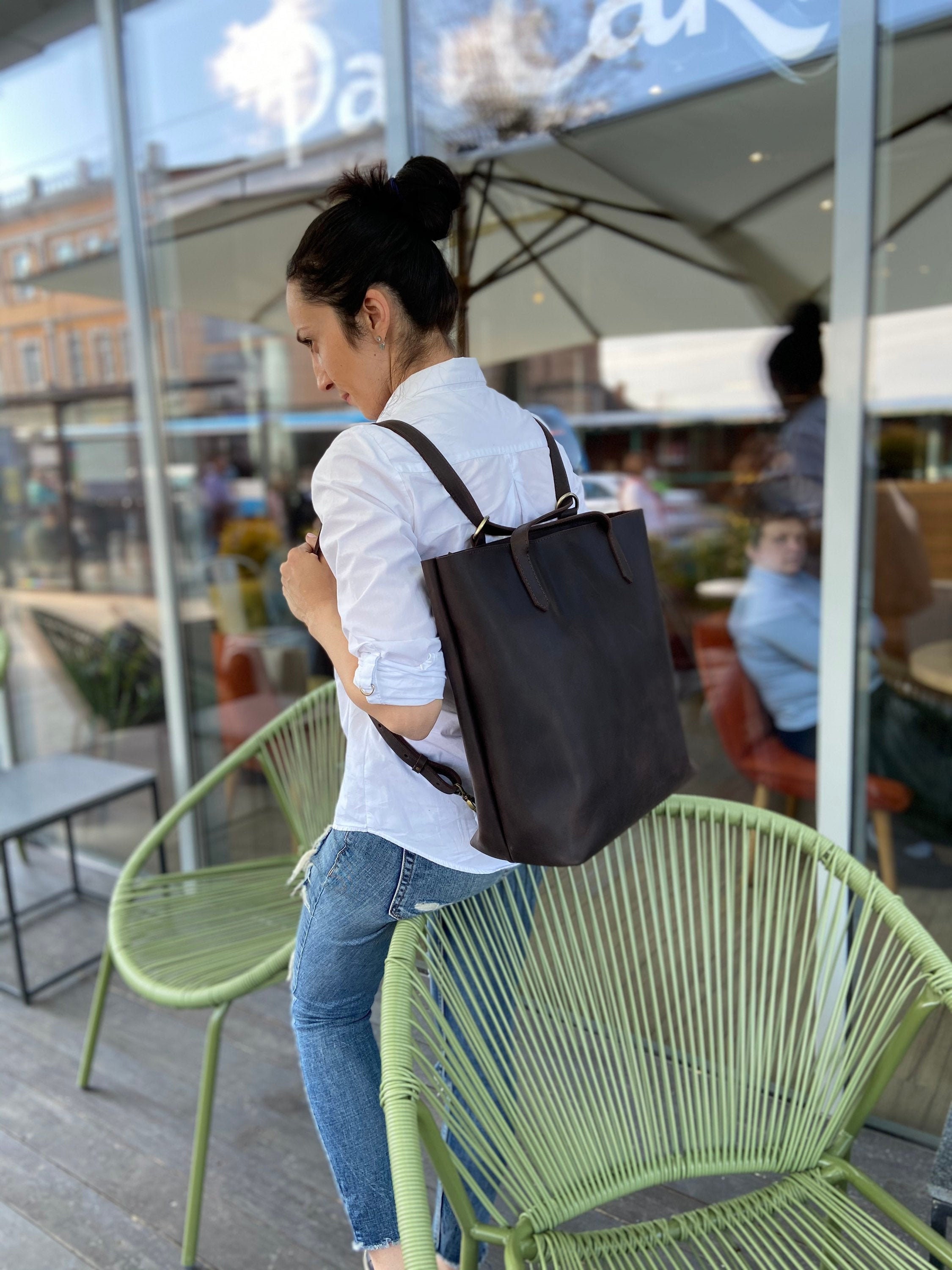 MINI CONVERTIBLE BACKPACK TOTE - BLACK NATURAL GRAIN LEATHER