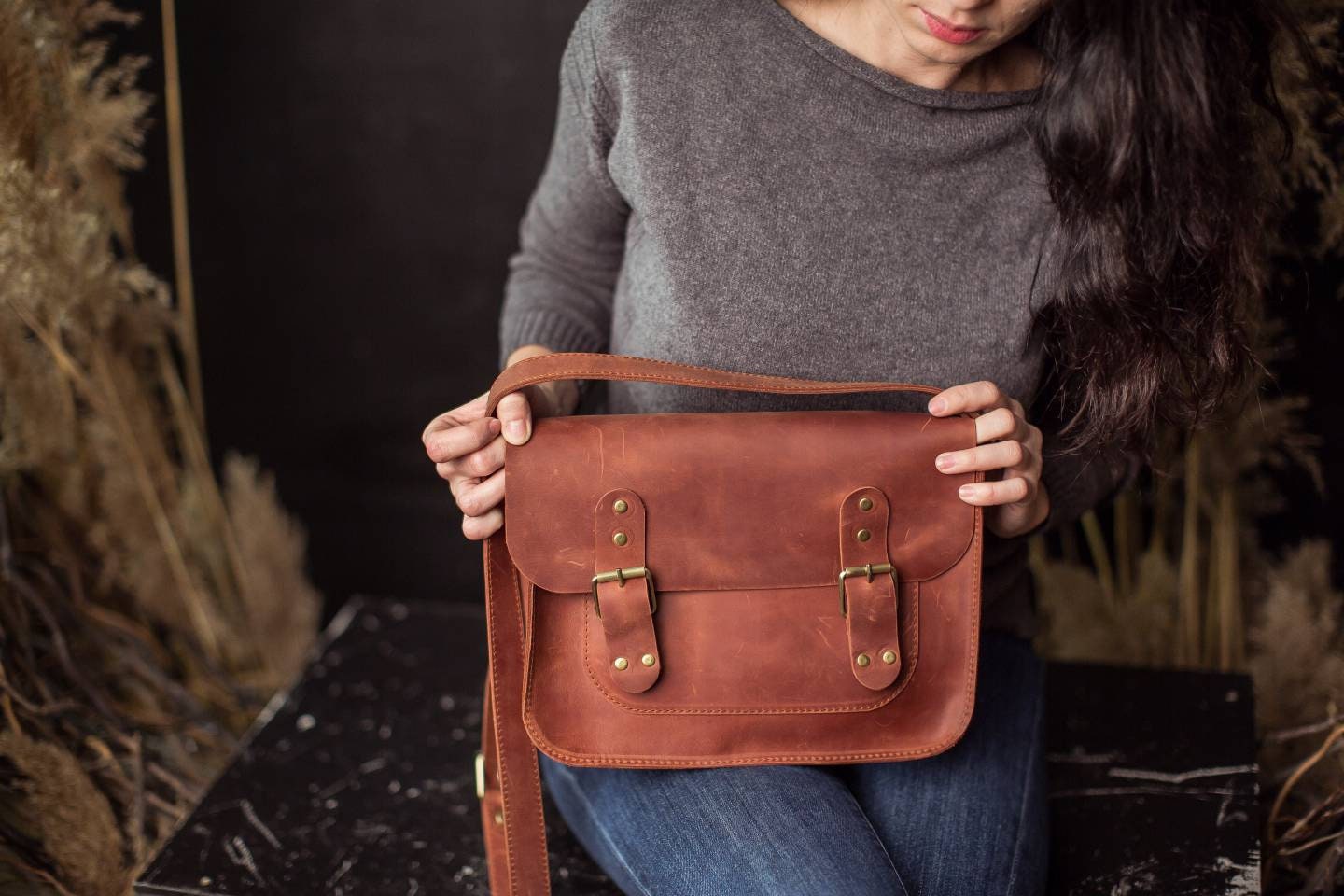 Women Brown Plaid Versatile Faux Leather Messenger Bag YR018 main image 0