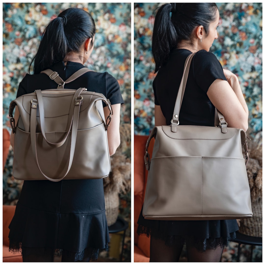 Convertible Backpack Purse by Okra, Beige Transformer Bag, Convertible