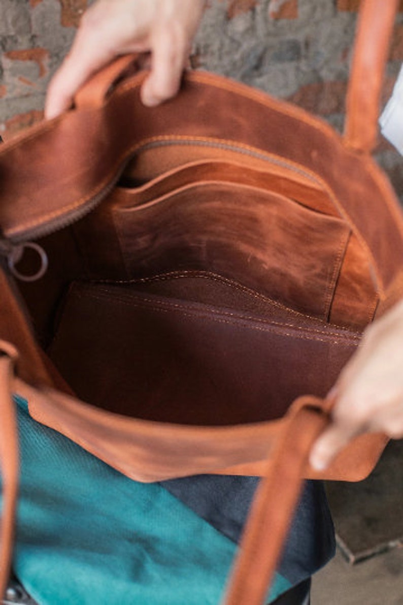 Cognac leather tote bag, leather tote, leather handbag, laptop bag women, brown shoulder bag, vintage leather tote, bag with laptop insert image 6