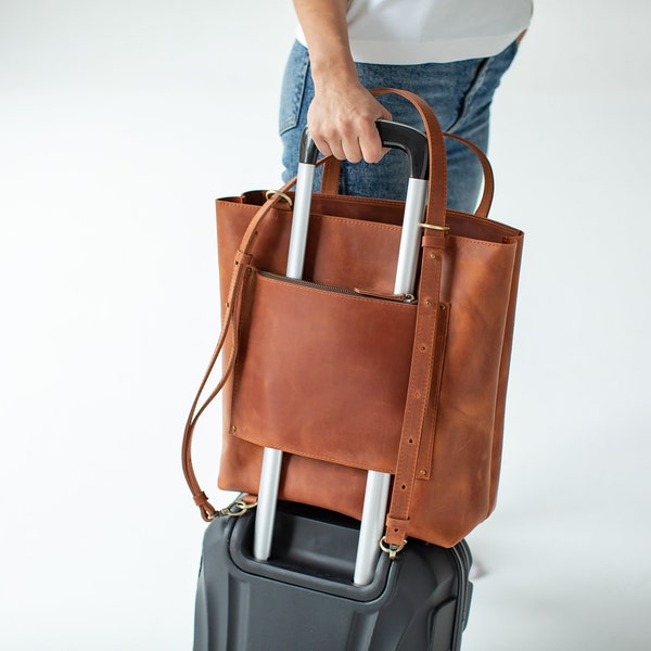 Large Leather Convertible Backpack Tote Bag with Luggage Sleeve