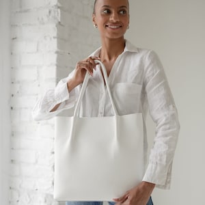 White leather tote bag for women, wedding handmade leather handbag, blue leather shoulder bag tote, bridesmaid tote, women leather tote image 2