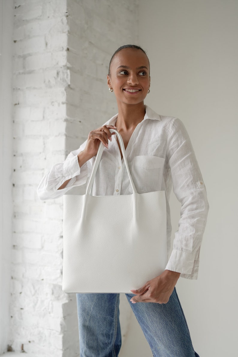 White leather tote bag for women, wedding handmade leather handbag, blue leather shoulder bag tote, bridesmaid tote, women leather tote image 2