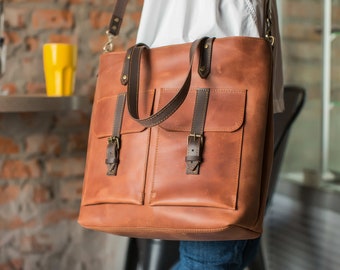 Brown leather tote bag, Vintage shoulder bag, Leather handbag, Cognac leather bag, Camera bag, Laptop bag, bag with laptop divider, insert