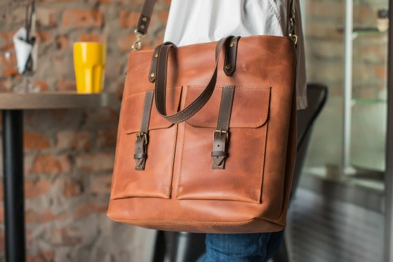 Brown Leather Tote Bag Vintage Shoulder Bag Leather Handbag | Etsy