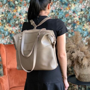 Convertible backpack purse by Okra, beige transformer bag, convertible leather tote, camera backpack, laptop bag women, leather handbag