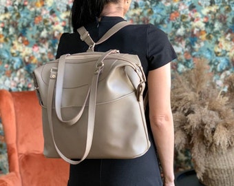 Beige Convertible Backpack Purse — Leather Tote / Laptop Bag