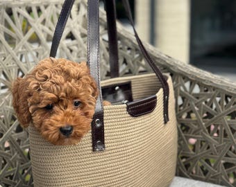 Structured Cotton Rope Tote Bag, Handmade Leather Handle Purse, Everyday Tote for Women, Minimalist Large Handbag, Coastal Style Bag