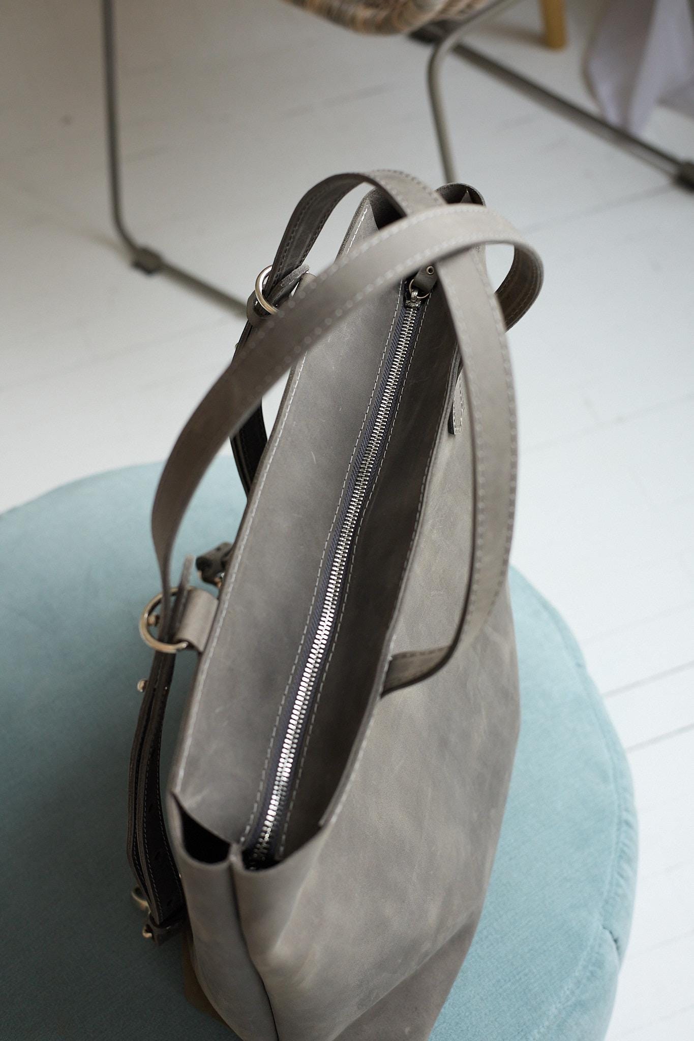 Grey Leather Convertible Backpack: Crossbody Shoulder Tote  display picture 3