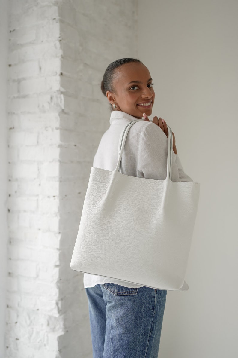 White leather tote bag for women, wedding handmade leather handbag, blue leather shoulder bag tote, bridesmaid tote, women leather tote image 5